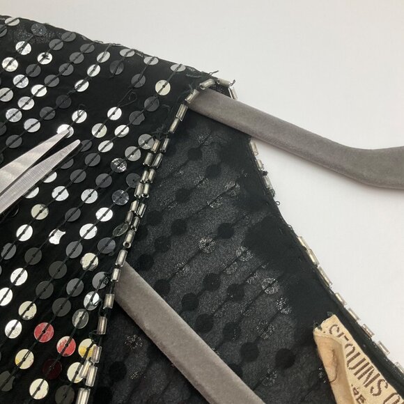 VTG Sequins Queen Medium Silk Beaded Top Black Silver Sequin Floral Embellished* - Picture 7 of 13